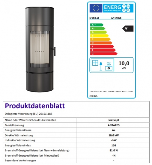 *EEK A+ Kaminofen Kratki ANTARES 10, "extra hohe runde Sichtscheibe", raumluftunabhängig - 10 kW