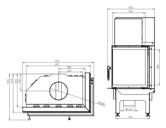 EEK A+ - Eck-Kamineinsatz Albero AL14R.H DECO mit Seitenglas rechts -14kW
