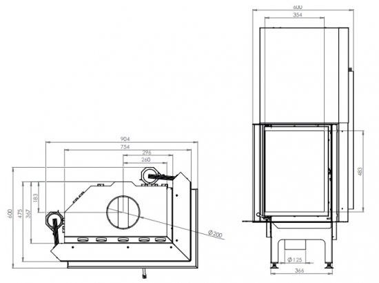 EEK A+ - Eck-Kamineinsatz HITZE Albero AL16RG.H DECO mit Schiebetür, Seitenglas rechts -16kW