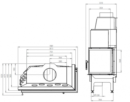 EEK A+ - Eck-Kamineinsatz HITZE Albero AL19R.H DECO mit Seitenglas rechts -19kW