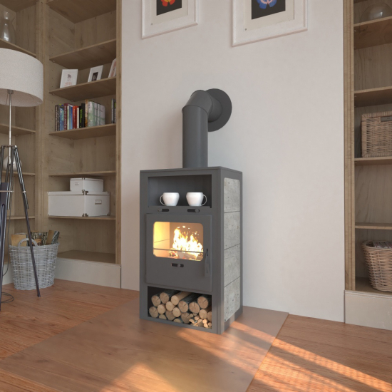 EEK A Kaminofen INDI S für Holz+Kohlefeuerung, Specksteinoptik,  gussgrau – 6,6kW