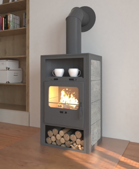 EEK A Kaminofen INDI S für Holz+Kohlefeuerung, Specksteinoptik,  gussgrau – 6,6kW