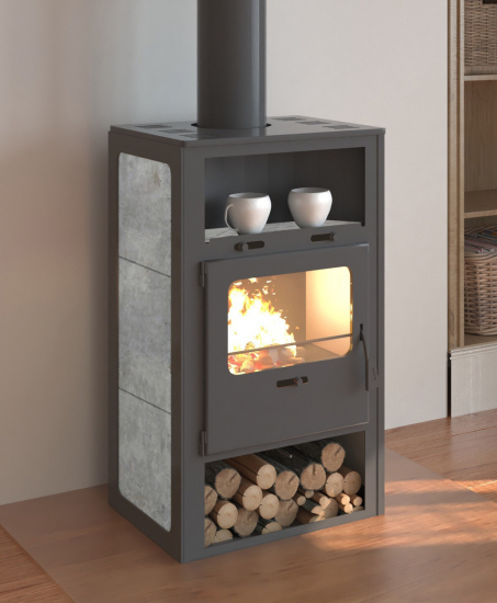 EEK A Kaminofen INDI S für Holz+Kohlefeuerung, Specksteinoptik,  gussgrau – 6,6kW