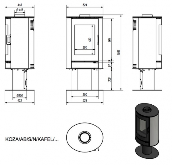 *EEK A - Kaminofen Kratki KOZA AB S N mit Standfuß und roten Kacheln - 8 kW