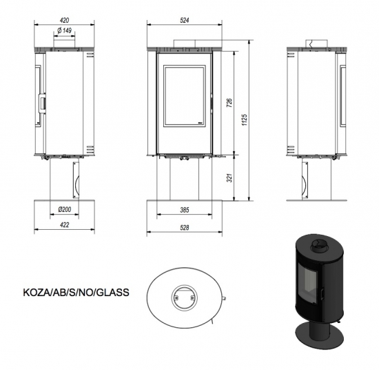 EEK A - 360° drehbarer Kaminofen Kratki KOZA AB S NO mit vollverglaster Front - 8 kW