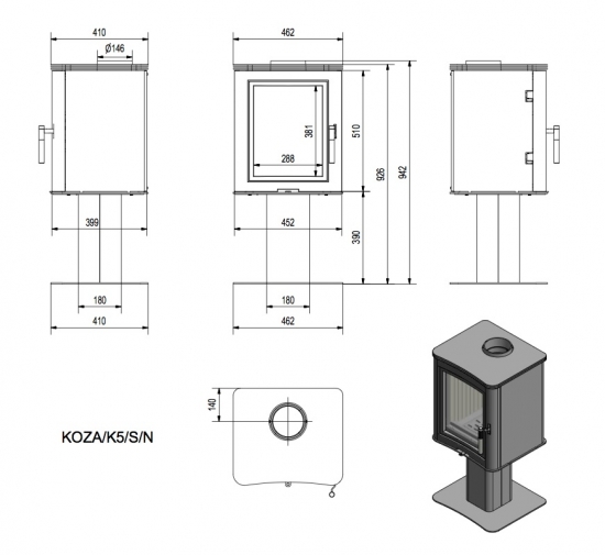 *EEK A - Kaminofen Kratki KOZA K5 SN mit Standfuß - 7 kW