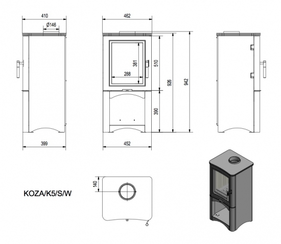 *EEK A - Stahl-Kaminofen Kratki KOZA K5 S W mit Holzfach - 7 kW