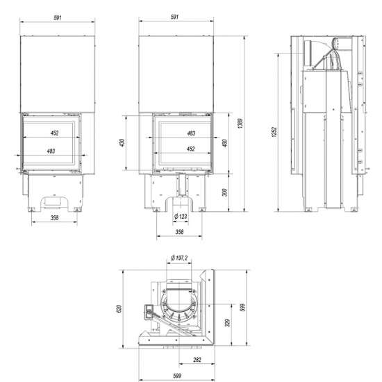 EEK A+ ECK-Kamineinsatz Kratki VNP/480/480 rechts, gleichschenklig mit Schiebetür - 8 kW