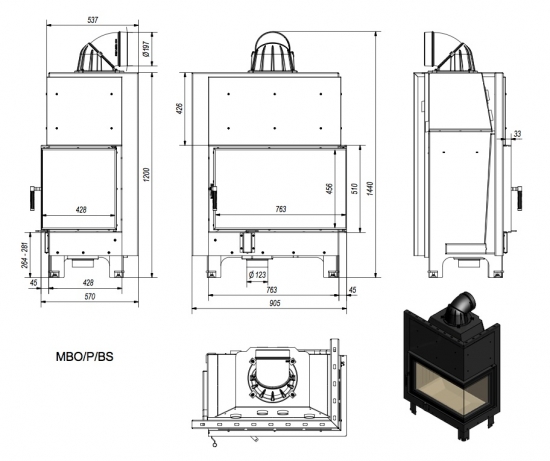 EEK A+ - Eck-Kamineinsatz Kratki MBO 15 rechts - 15 kW
