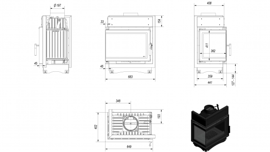 *EEK A - Eck-Guss-Kamineinsatz Kratki MAJA/L/BS/DECO mit Seitenglas links - 8kW + BIMSCHV II