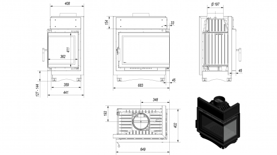 *EEK A - Eck-Guss-Kamineinsatz Kratki MAJA/P/BS/DECO mit Seitenglas rechts - 8kW + BIMSCHV II