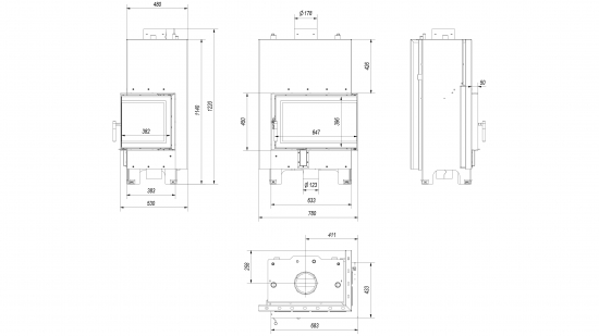 *EEK A+ - Eck-Wasserführender Kamineinsatz Kratki MBM 10 PW mit Seitenglas rechts - 12 kW
