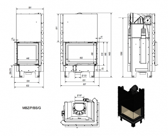 EEK A - Eck-Kamineinsatz Kratki MBZ 13 schwarze Acumotte mit Schiebetür, Seitenglas rechts - 13 kW
