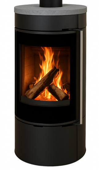 EEK A+ Runder Premium-Kaminofen Montreal S mit Natursteintopplatte, schwarz - 6,3 kW
