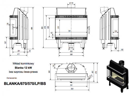 *EEK A - 3-Scheiben Kamineinsatz Kratki BLANKA 670/570/LP/BS - 11 kW