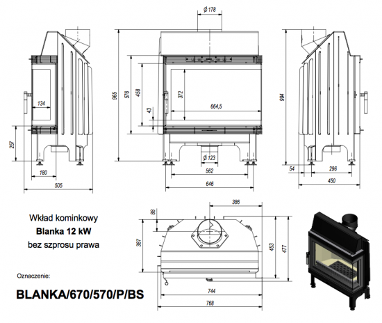 *EEK A - Eck-Kamineinsatz Kratki BLANKA 670/570/P/BS Seitenscheibe rechts - 11 kW