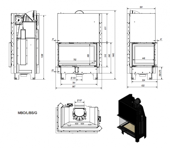 EEK A+ Eck-Kamineinsatz Kratki MBO/L/BS/G 15 Schiebetür, Seitenscheibe links - 15 kW