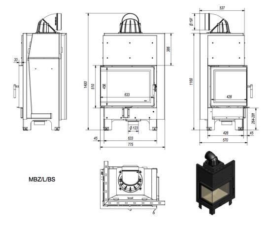 EEK A - Eck-Kamineinsatz Kratki MBZ 13, Seitenglas links - 13 kW