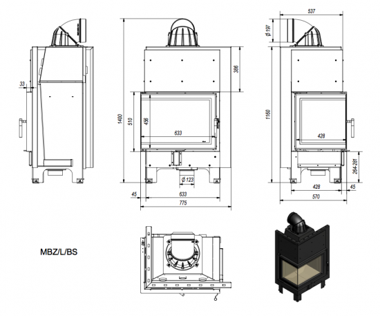 *EEK A - Eck-Kamineinsatz Kratki MBZ 13, Seitenglas links - 13 kW