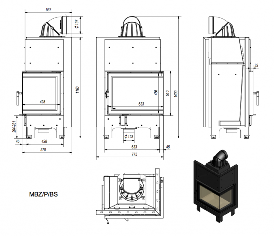 EEK A - Eck-Kamineinsatz Kratki MBZ 13, Seitenglas rechts - 13 kW