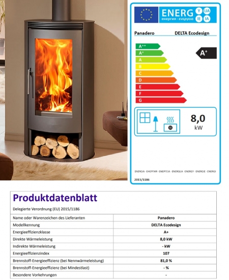 EEK A Kaminofen Panadero Delta "extra hohe Sichtscheibe" 8 kW EcoDesign+ext. Zuluft