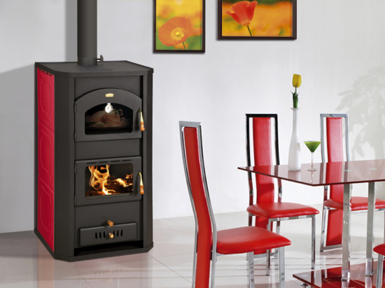 EEK A Wasserführender Kaminofen mit Backfach Prity FGW20, rot - 23,8 kW + BIMSCHV II