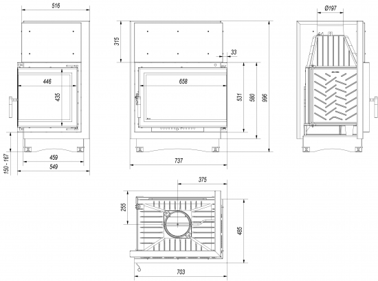 *EEK A Eck-Gusskamineinsatz Kratki ZUZIA ECO 12 DECO, rechts + BISMSCHV II - 12kW