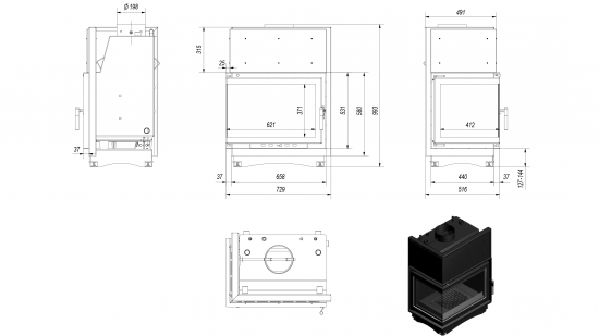 *EEK A Wasserführender Eck-Kamineinsatz Kratki ZUZIA/PW/BL/15/BS/W/DECO Seitenscheibe links 12kW + BIMSCHV II