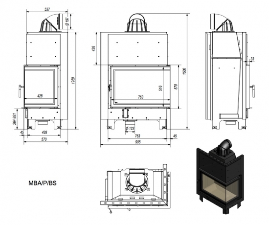*EEK A - Eck-Kamineinsatz Kratki MBA 17 rechts mit 17 kW