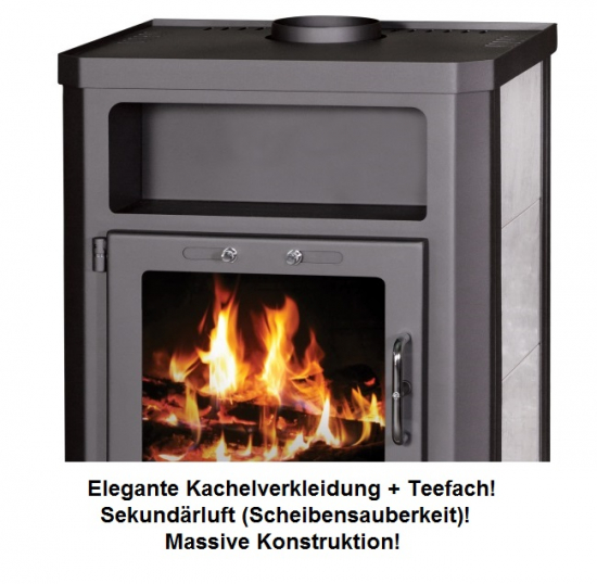 EEK A Wasserführender Kaminofen Victoria Comfort KB, schwarz mit Kachelverkleidung – 11kW