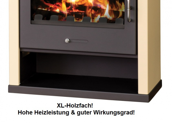 EEK A Wasserführender Kaminofen Victoria Rubin B Elfenbein mit XXL-Sichtscheibe – 13kW