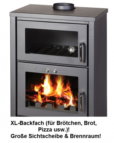EEK A Kaminofen mit Backfach Victoria Triumph F, schwarz mit XL-Brennraum – 15kW
